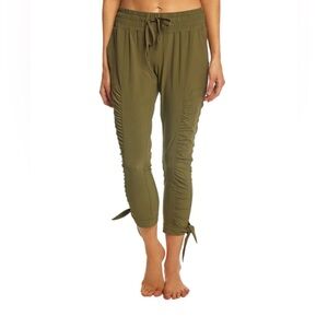 PrAna Women’s Bindu Joggers in Olive Green Ruched Sides Tie Bottom Activewear